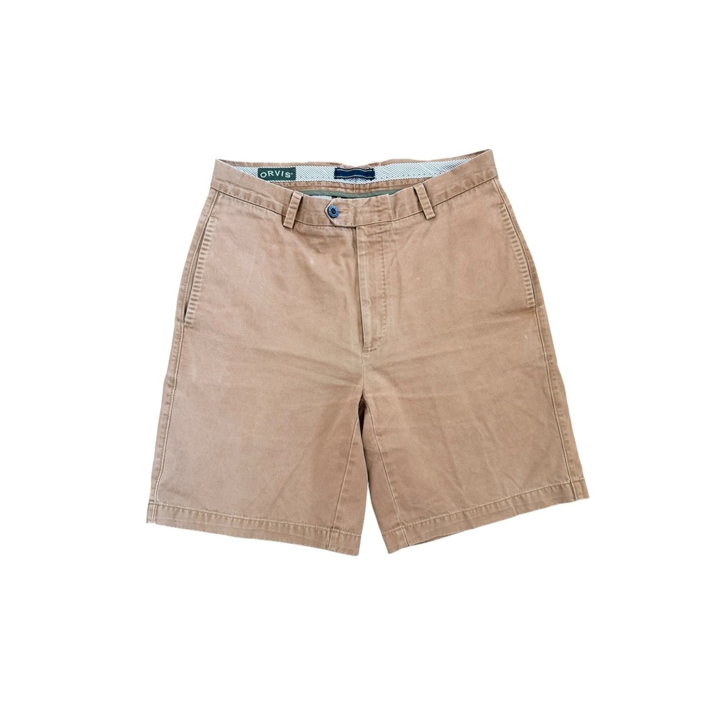 Orvis Men's Size 32 Khaki Tan Cotton Chino Shorts Flat Front Casual